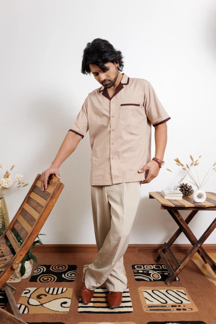 Sand Contrast Collar Cotton Shirt