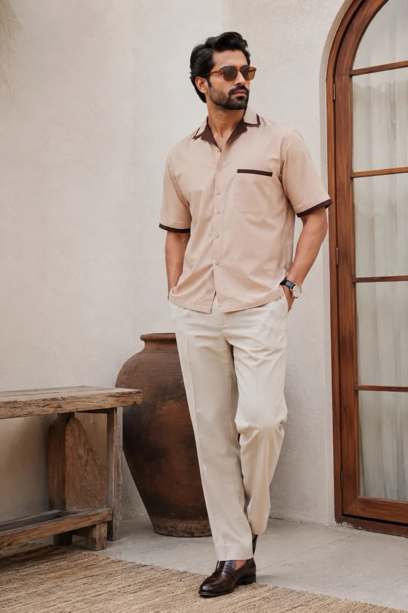 Sand Contrast Collar Cotton Shirt